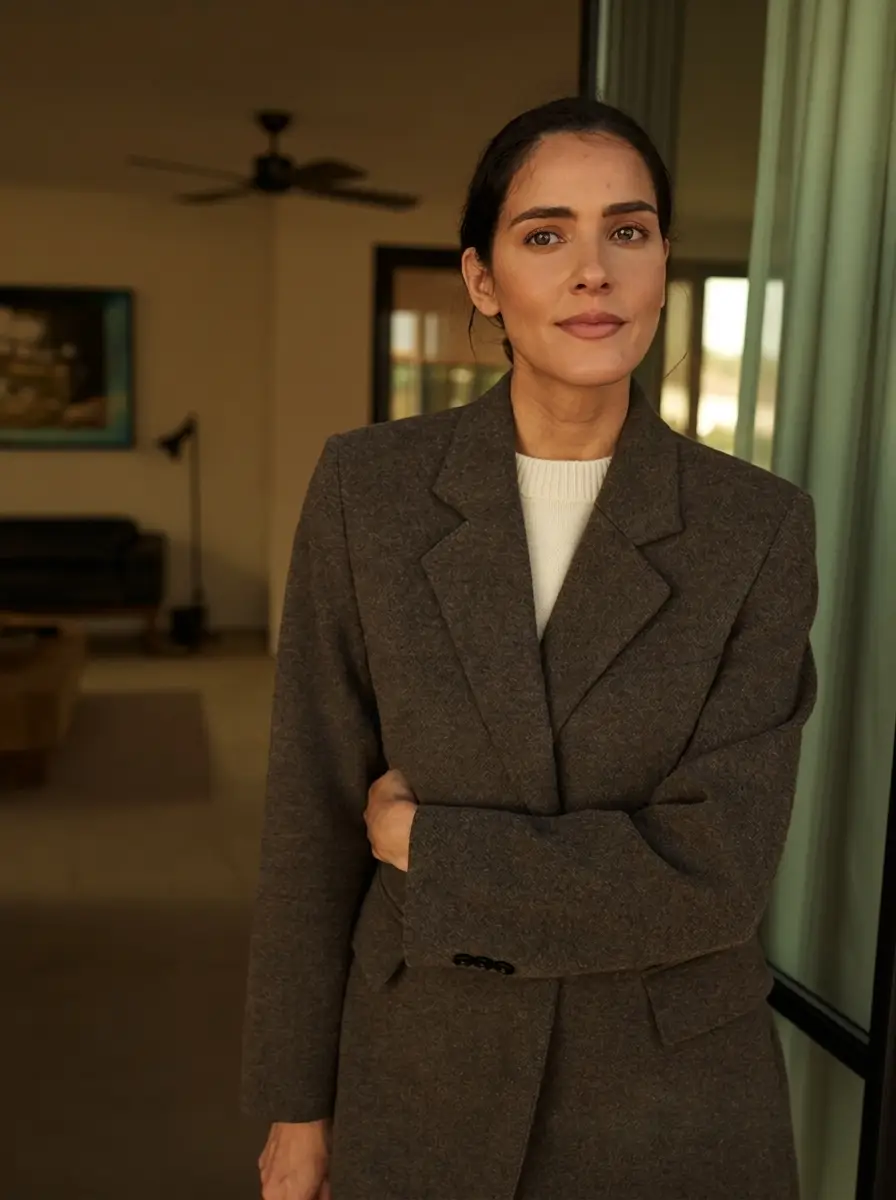Mara Alden standing in the doorway of a modern home, soft window light