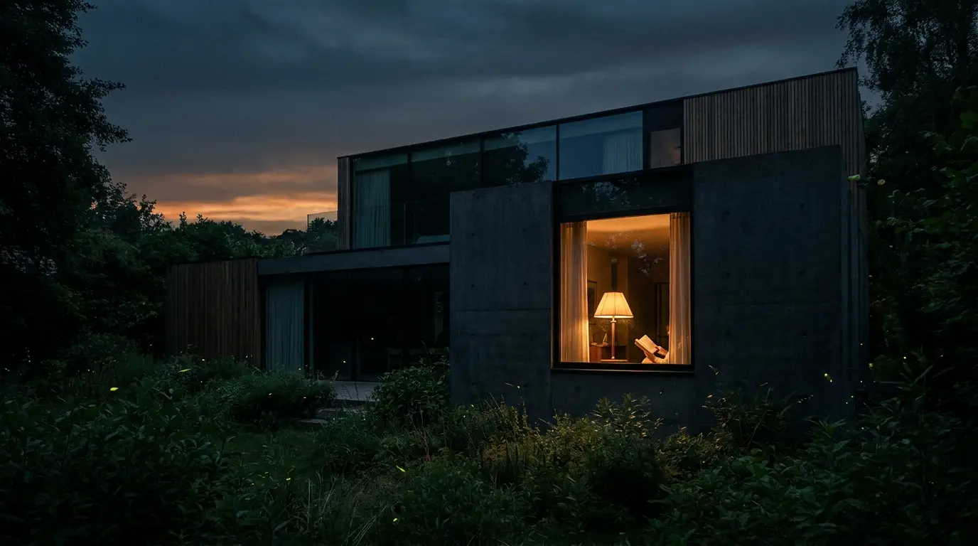 A dark garden at dusk, one warm window lit