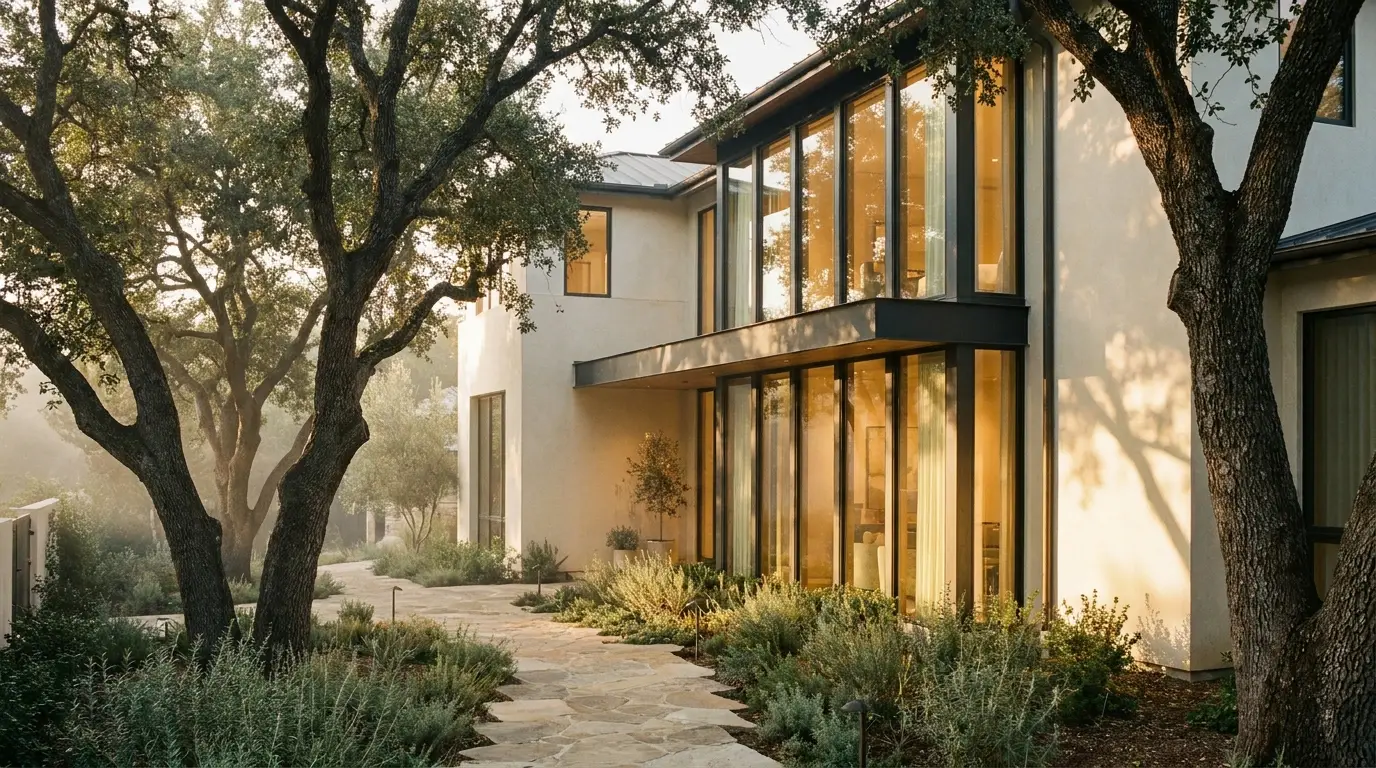 A modern home at golden hour, seen from the front path under old oaks