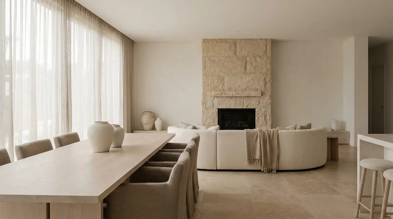 A serene dining room in changing daylight