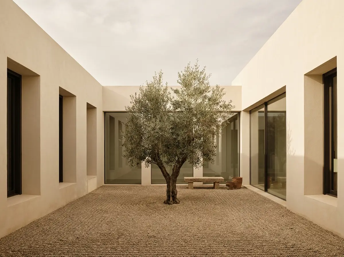 Minimalist ivory courtyard house with a single olive tree