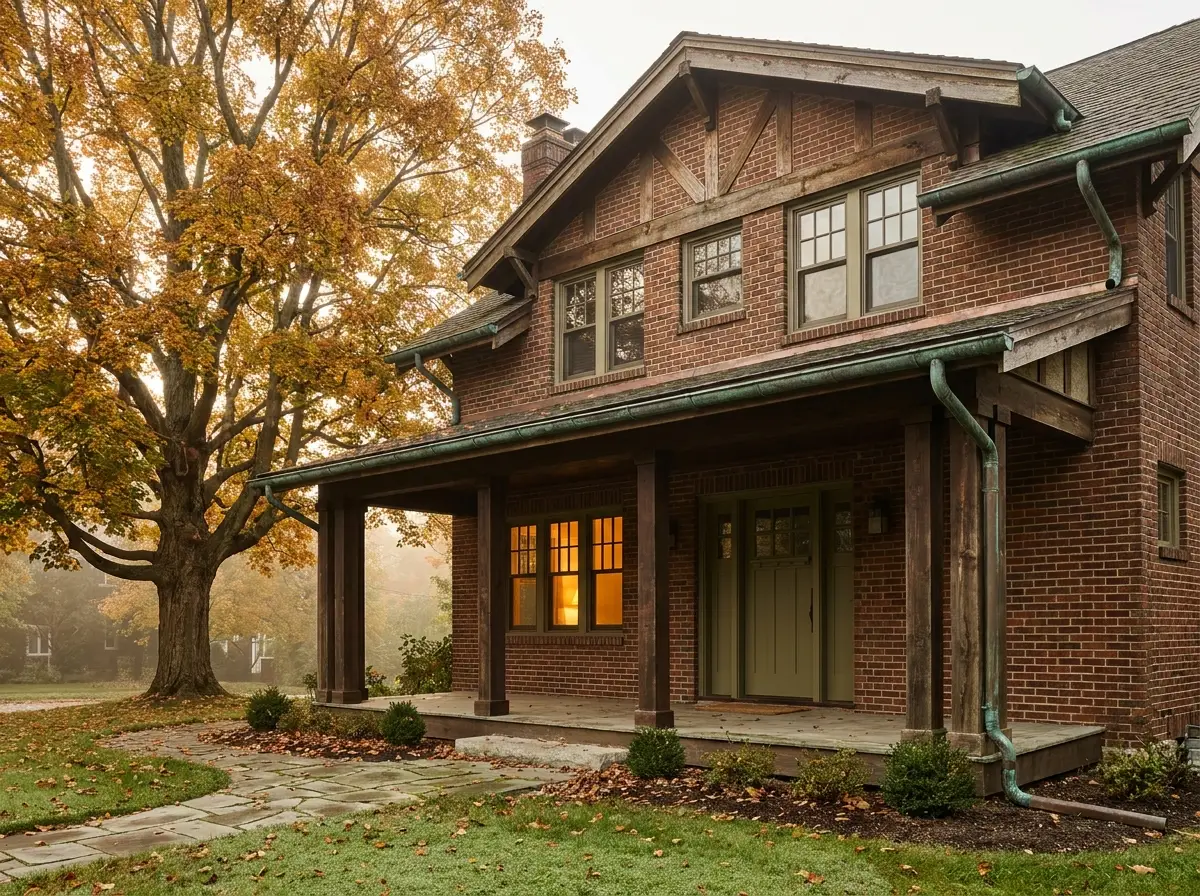 Restored craftsman under an autumn maple in morning light