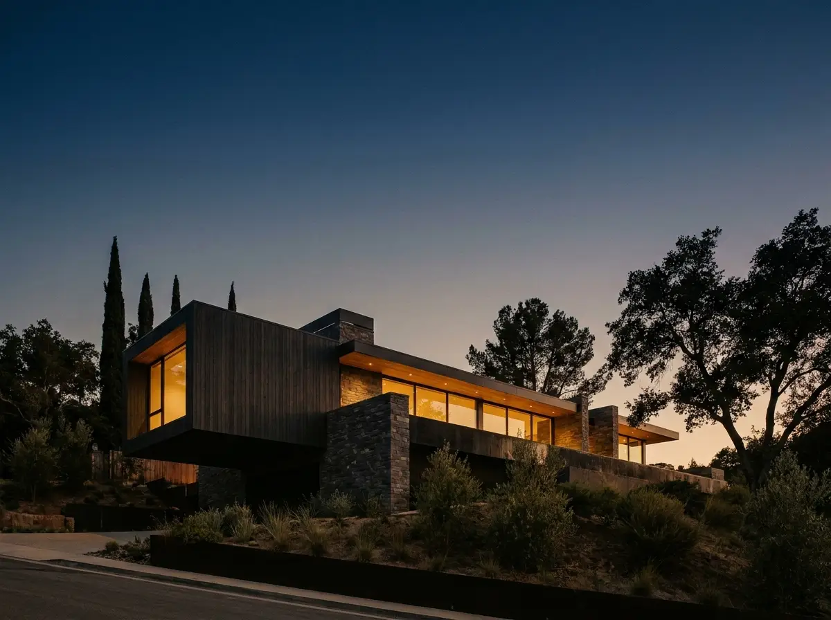 Modern hillside house glowing at blue hour