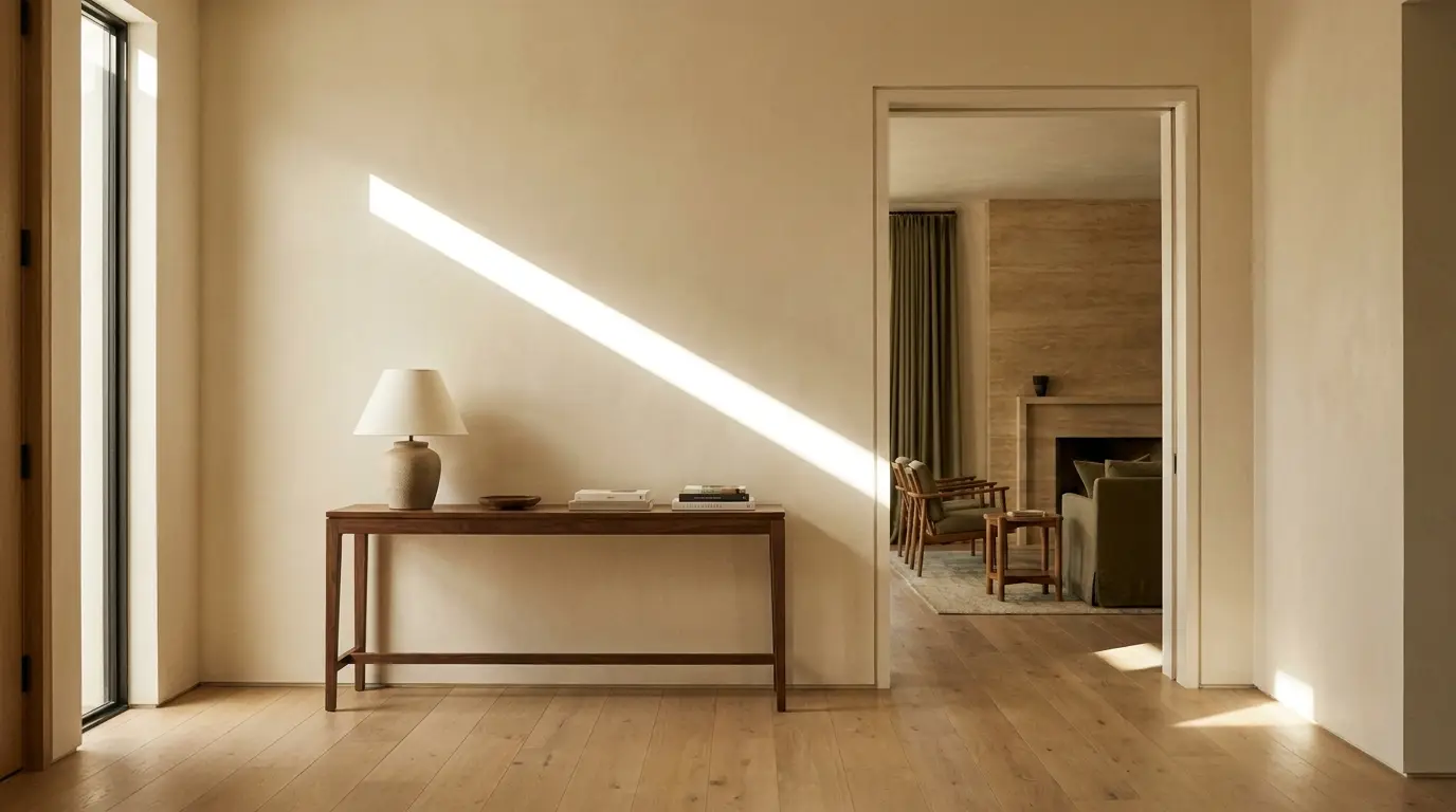 Entry hall with a long beam of morning light across oak floors