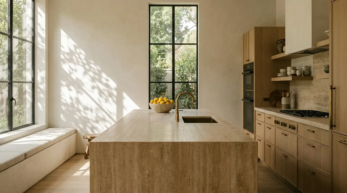 Travertine kitchen island under midday light with leaf shadows