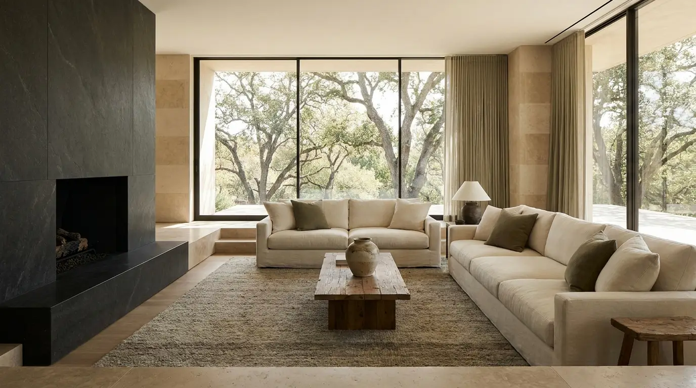 Sunken living room with linen sofas and a charcoal stone fireplace