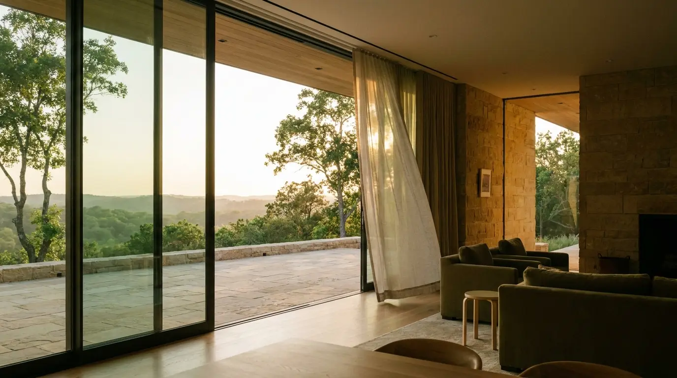 Glass wall open to a stone terrace above a hazy green valley